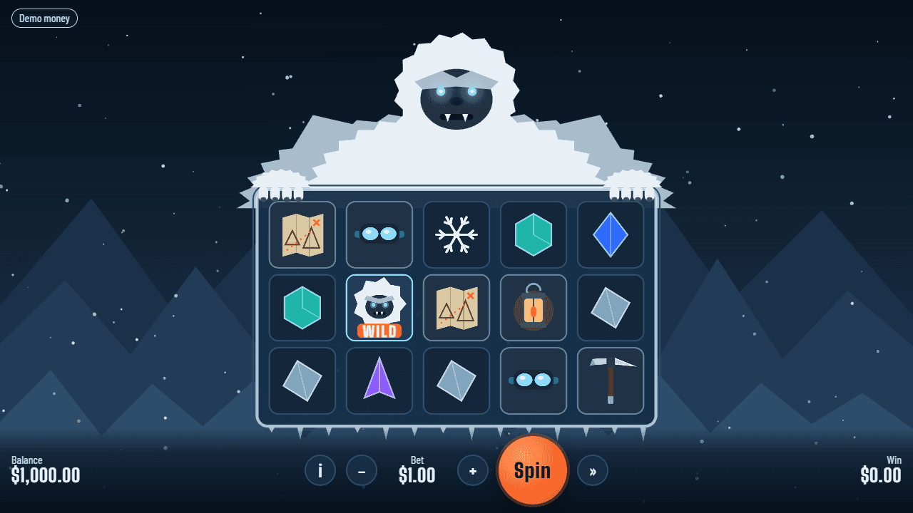 Yeti Whiteout prototype: the Yeti grips the top of a 5 by 3 reel grid on a snowy mountain at night.