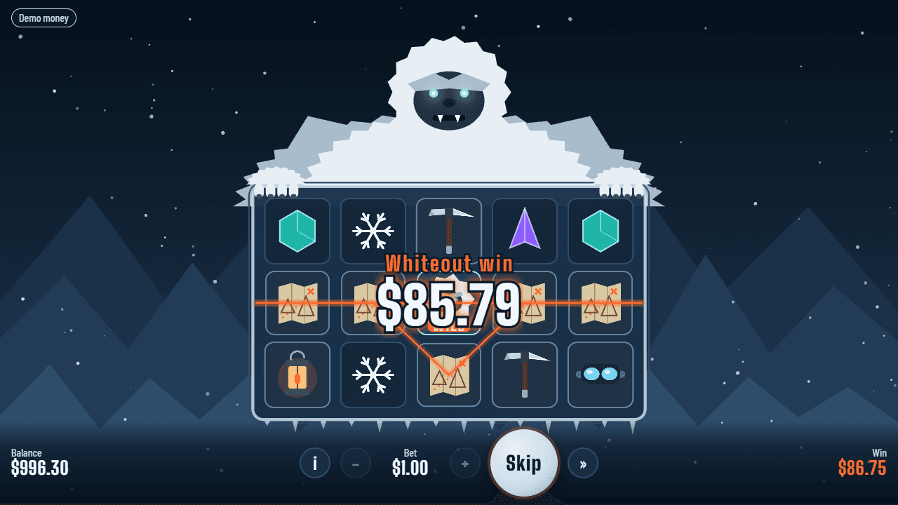 Yeti Whiteout prototype: a large win celebration over the reels.